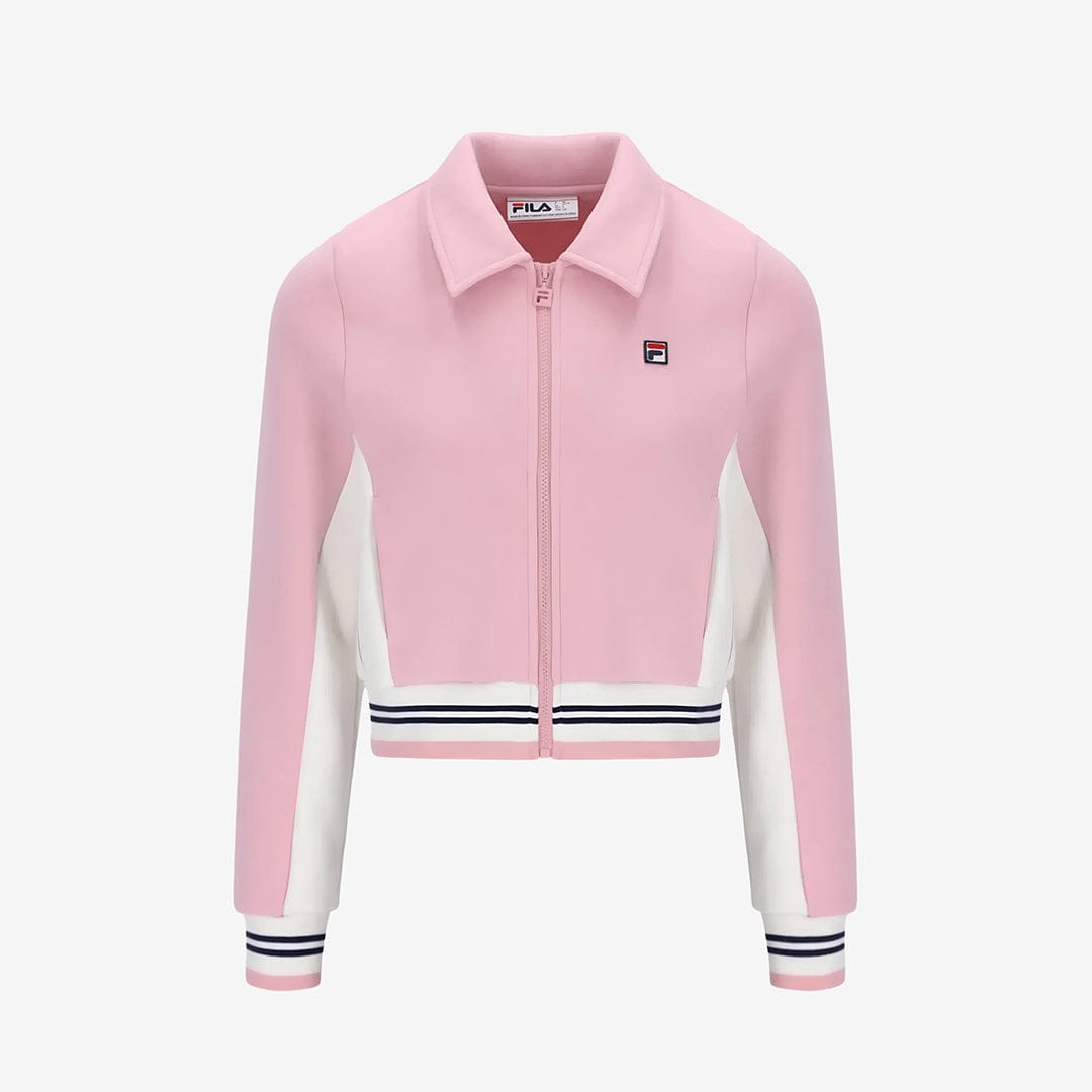 Fila Harper Cropped Zip Up Track Top in Pink Nectar/Gardenia/Navy