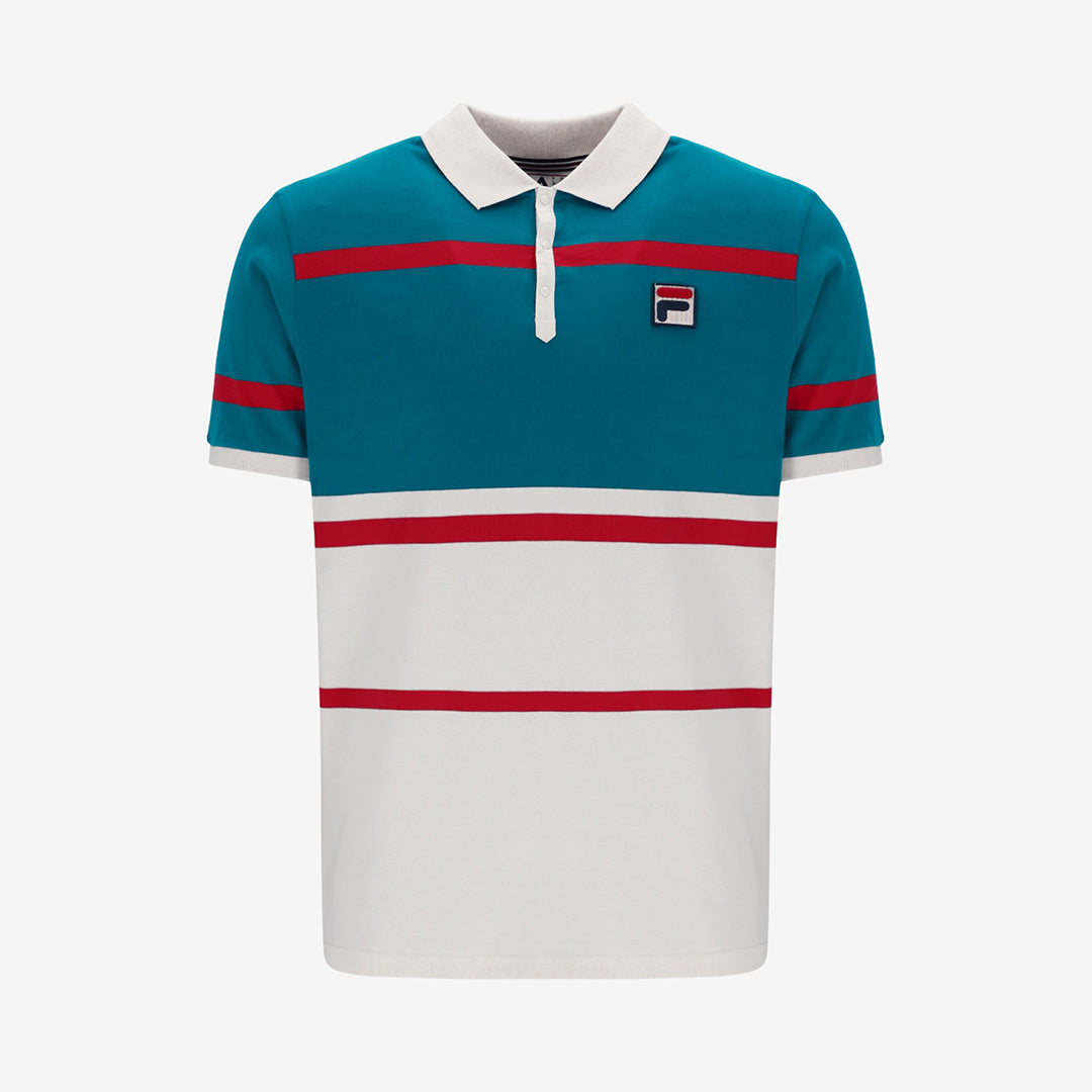 Clarkson Yarn Dye Stripe Polo In Gardenia/Deep Lagoon/Red