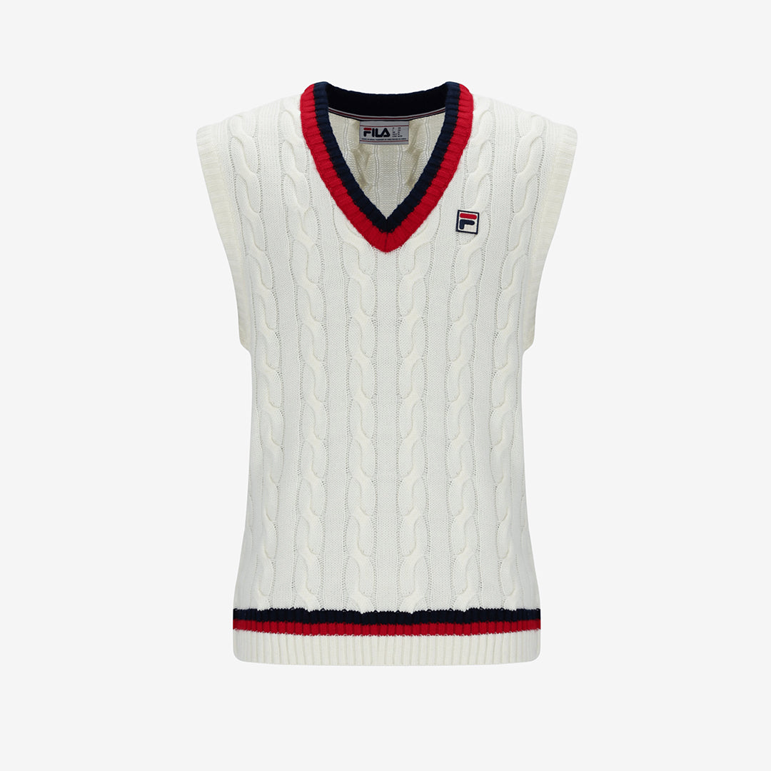 Rufus Archive Cable Knit Vest In Gardenia/Navy/Red