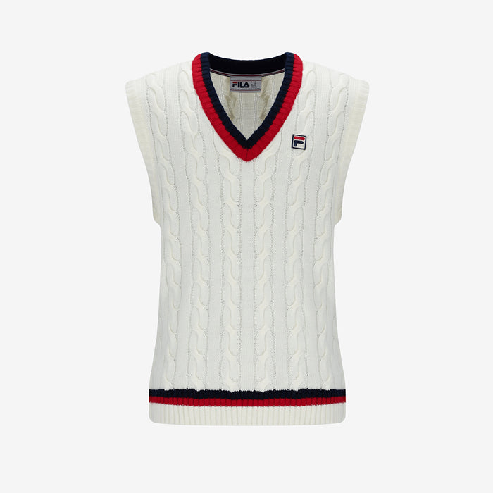 Rufus Archive Cable Knit Vest In Gardenia/Navy/Red