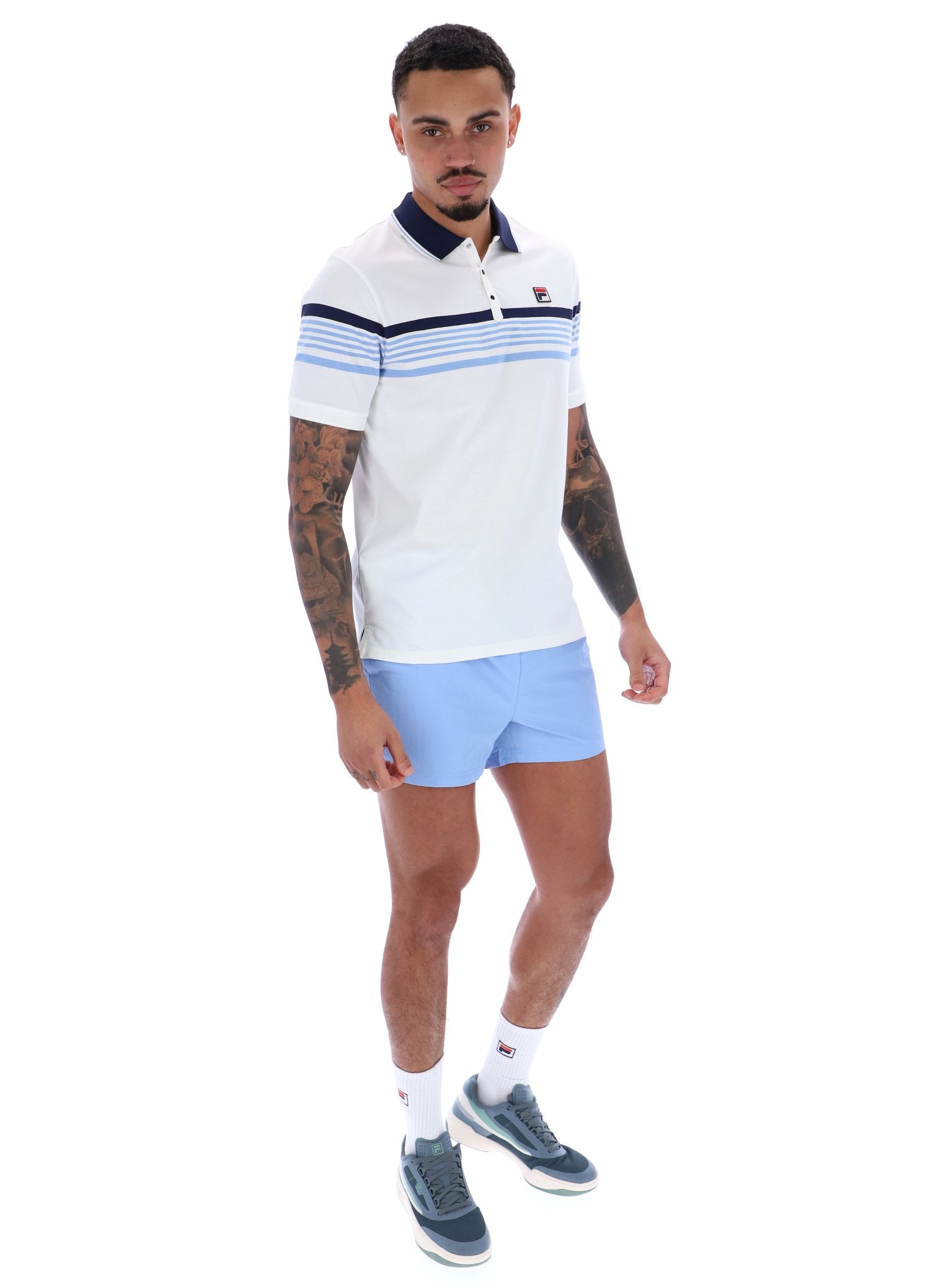 Francis Yarn Dye Stripe Polo In White/Fila Navy/Vista Blue