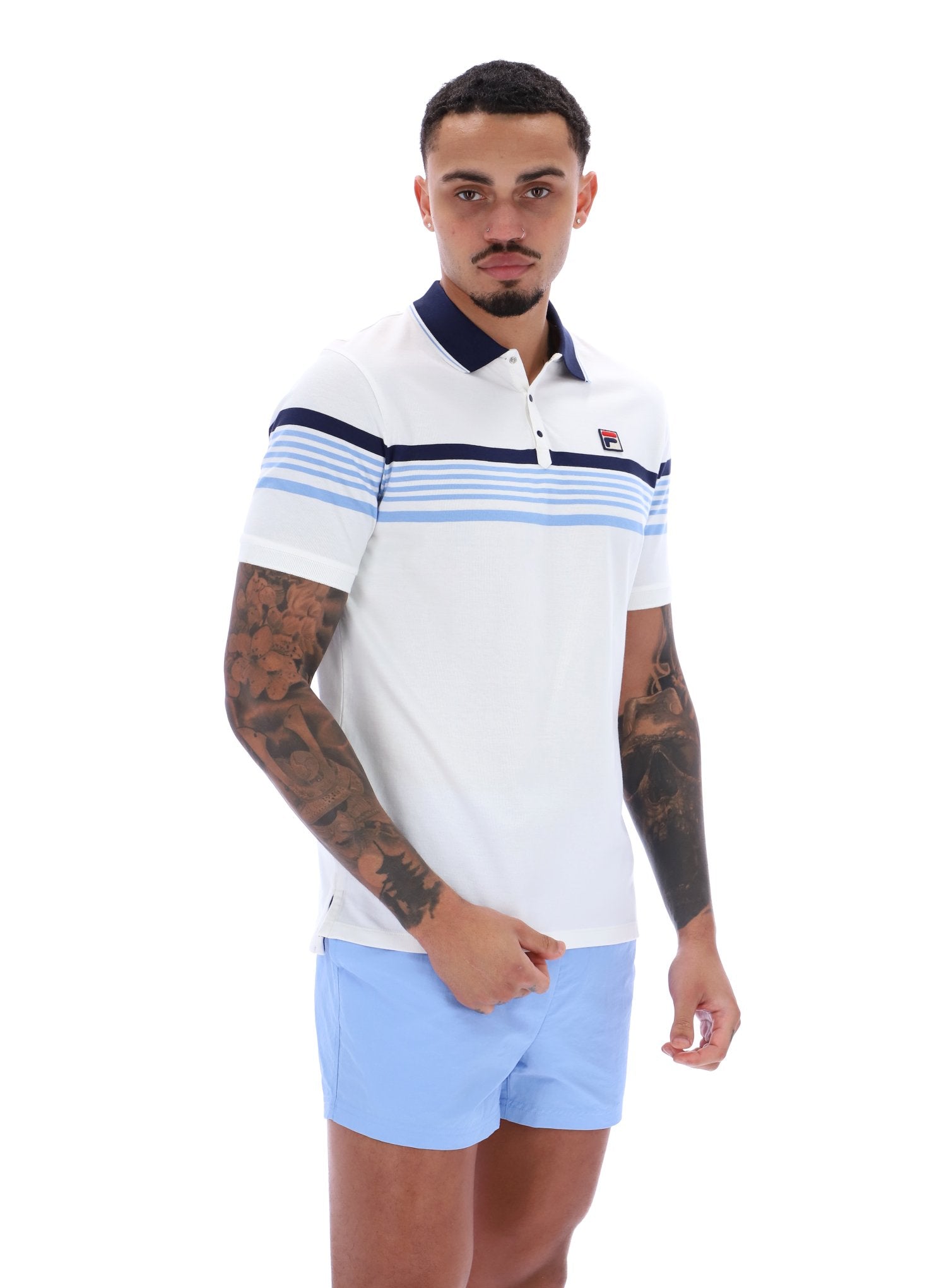 Francis Yarn Dye Stripe Polo In White/Fila Navy/Vista Blue