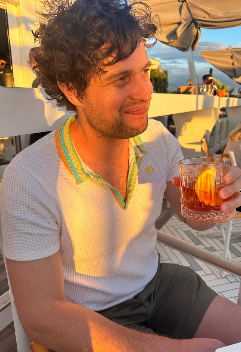 Cotton Knit Crochet Polo in White