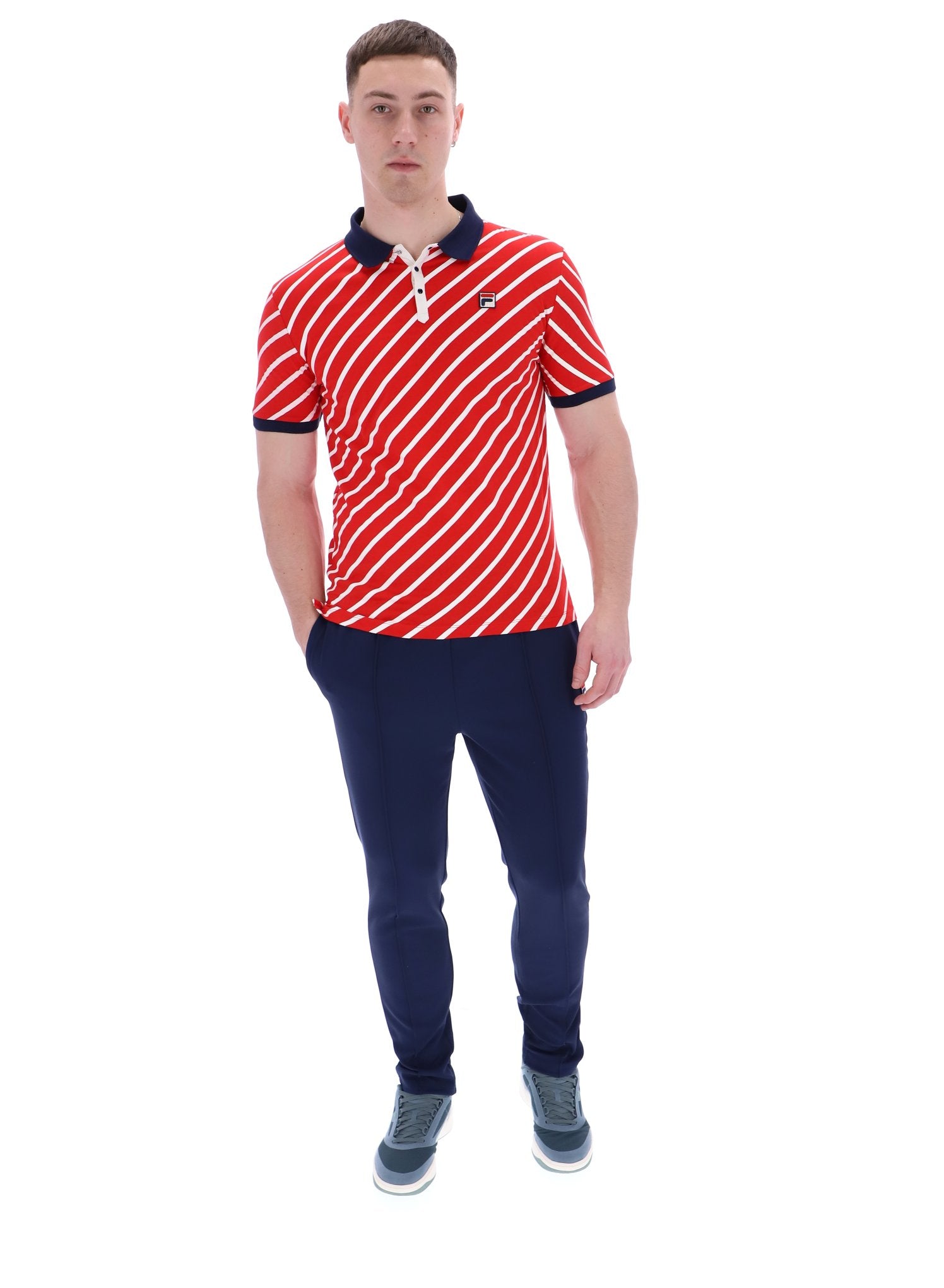 Jaye Diagonal Stripe Polo In Fila Red/Gardenia/Fila Navy