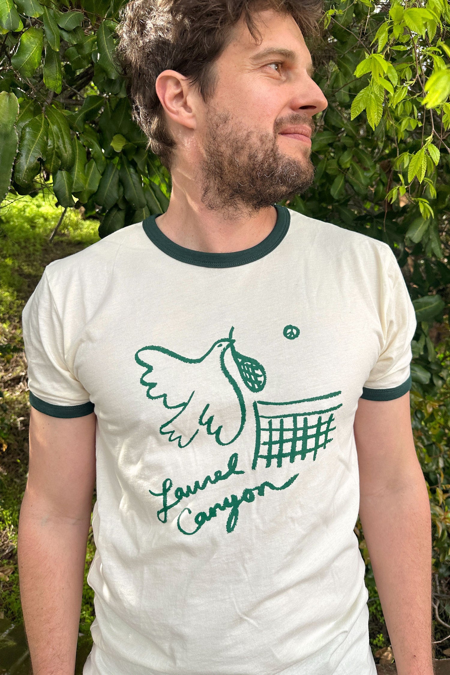 Unisex Laurel Canyon Peace Dove Tennis Ringer Tee in Cream / Dark Green