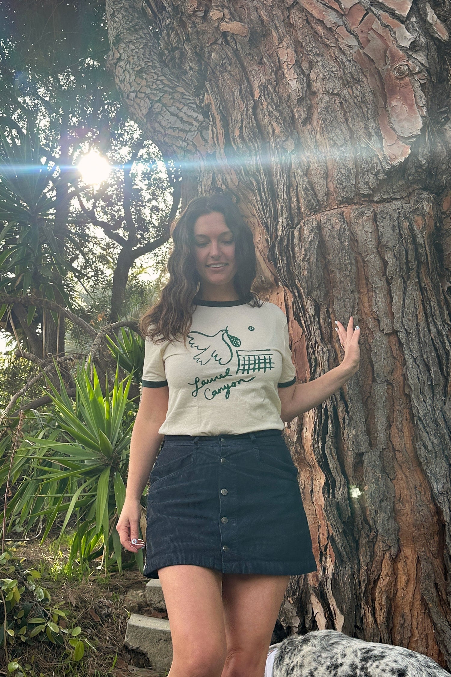 Unisex Laurel Canyon Peace Dove Tennis Ringer Tee in Cream / Dark Green