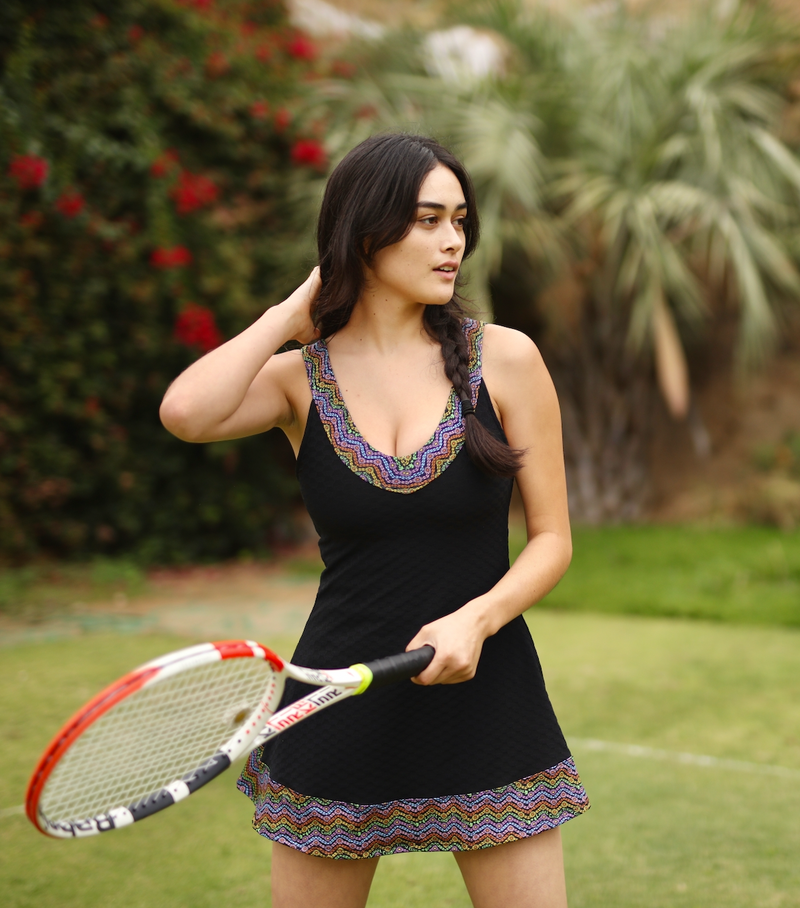 1972 Tennis Active Dress with Built-in Bra & Shorts in Black