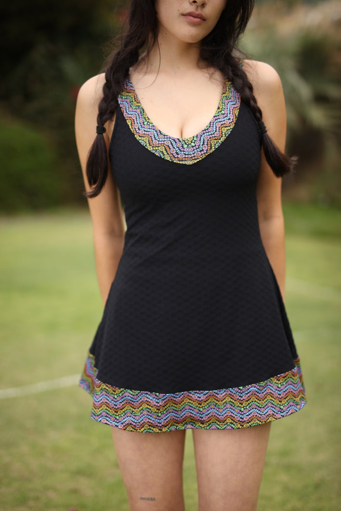 1972 Tennis Active Dress with Built-in Bra & Shorts in Black