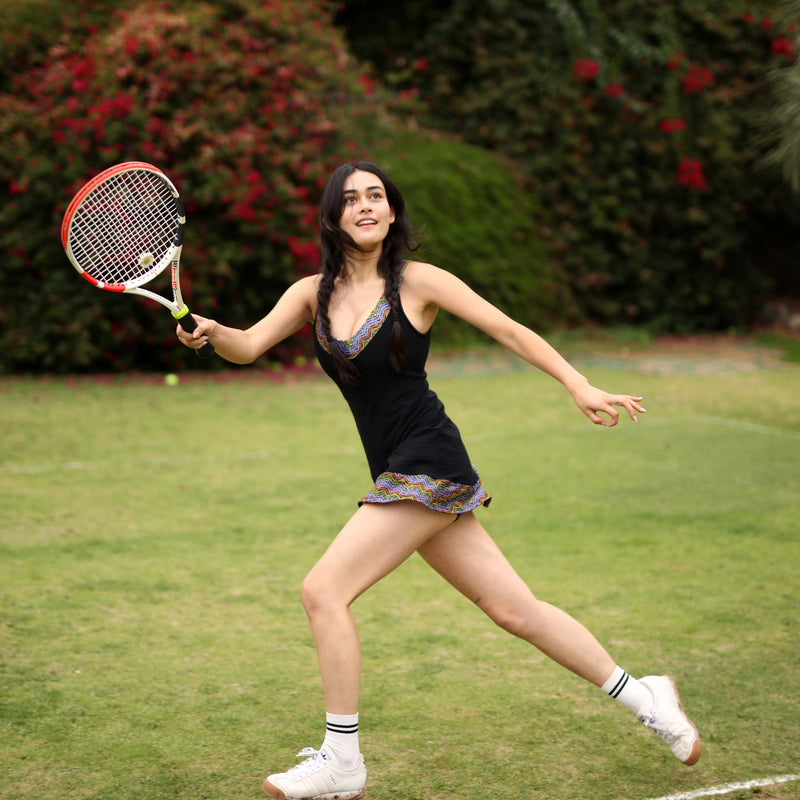 1972 Tennis Active Dress with Built-in Bra & Shorts in Black