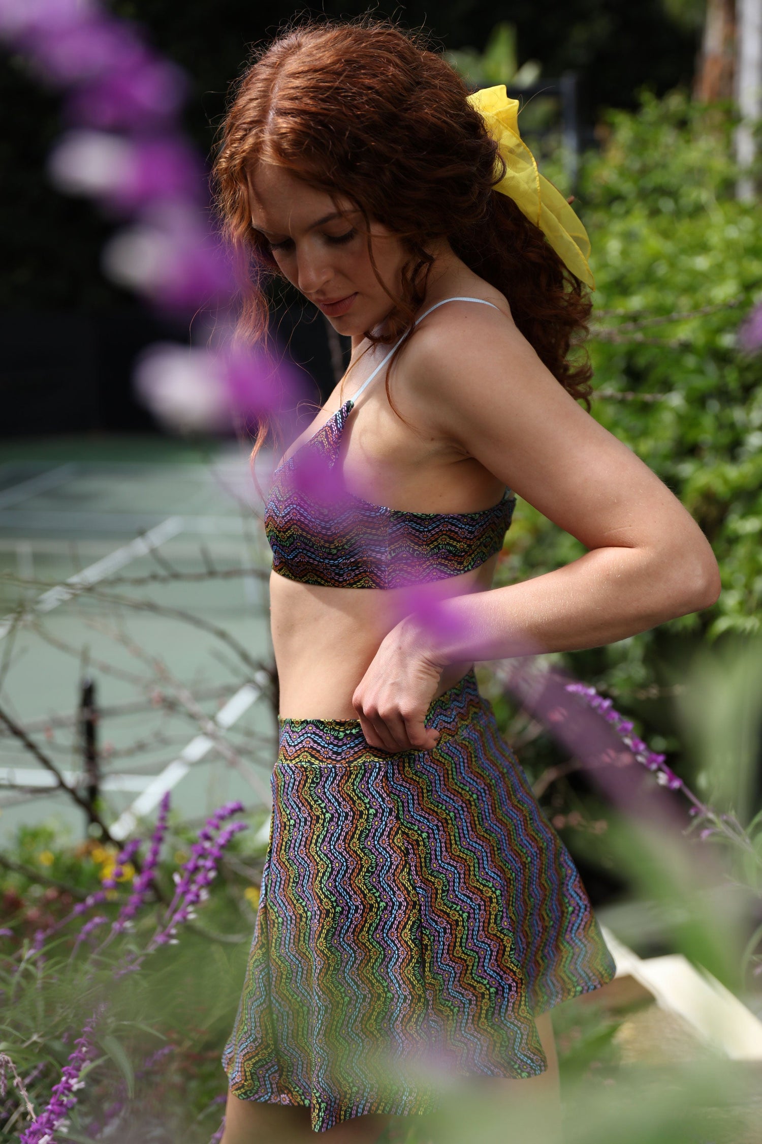 1972 Tennis Skirt with Pockets in Black Rainbow Print