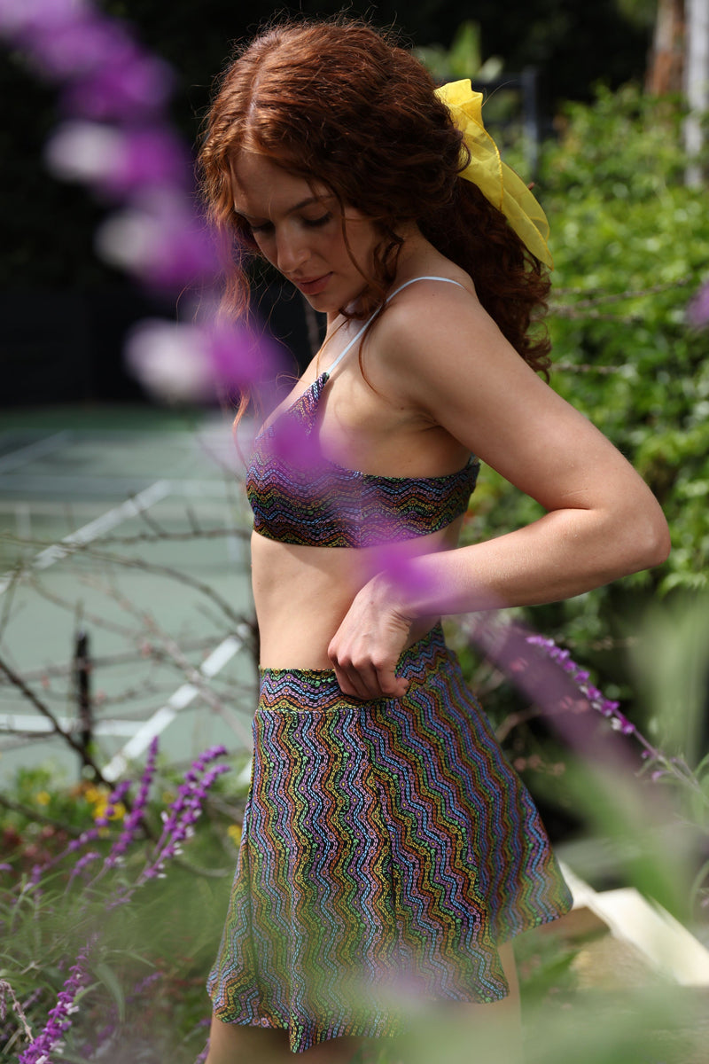 1972 Tennis Skirt with Pockets in Black Rainbow Print