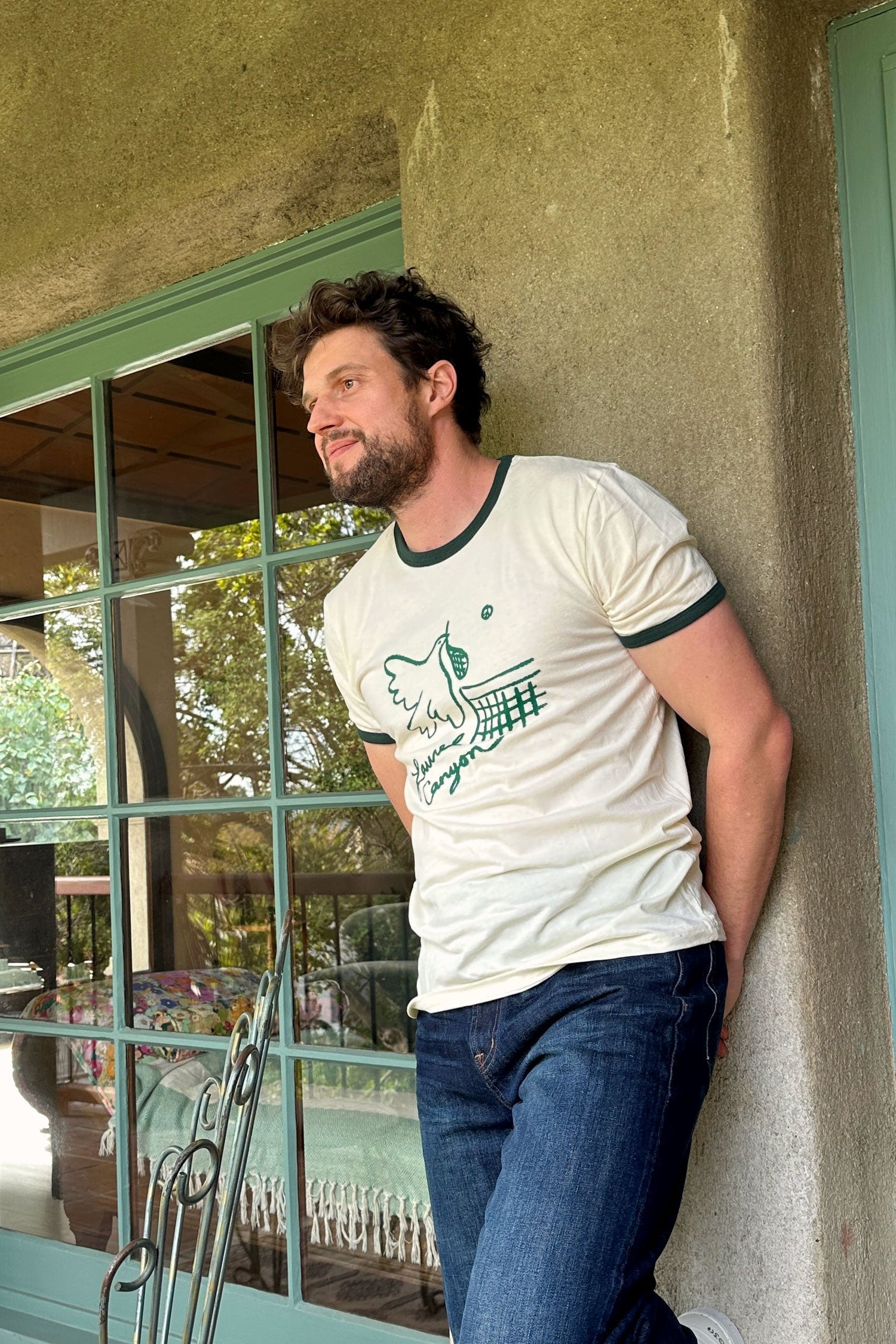 Unisex Laurel Canyon Peace Dove Tennis Ringer Tee in Cream / Dark Green