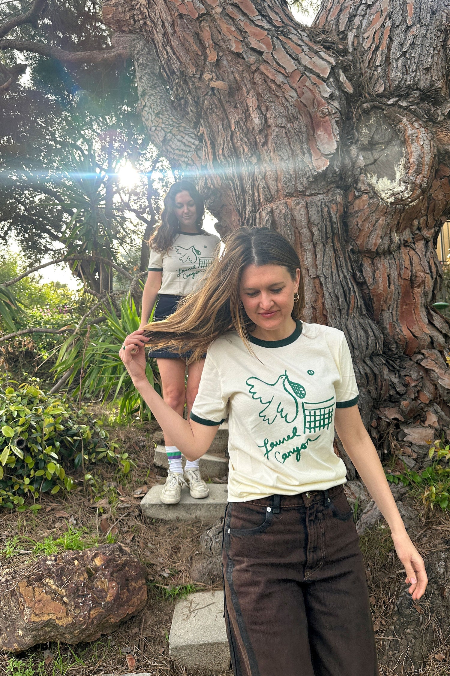 Unisex Laurel Canyon Peace Dove Tennis Ringer Tee in Cream / Dark Green