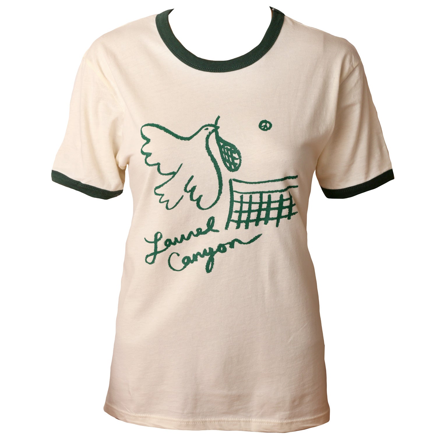 Unisex Laurel Canyon Peace Dove Tennis Ringer Tee in Cream / Dark Green