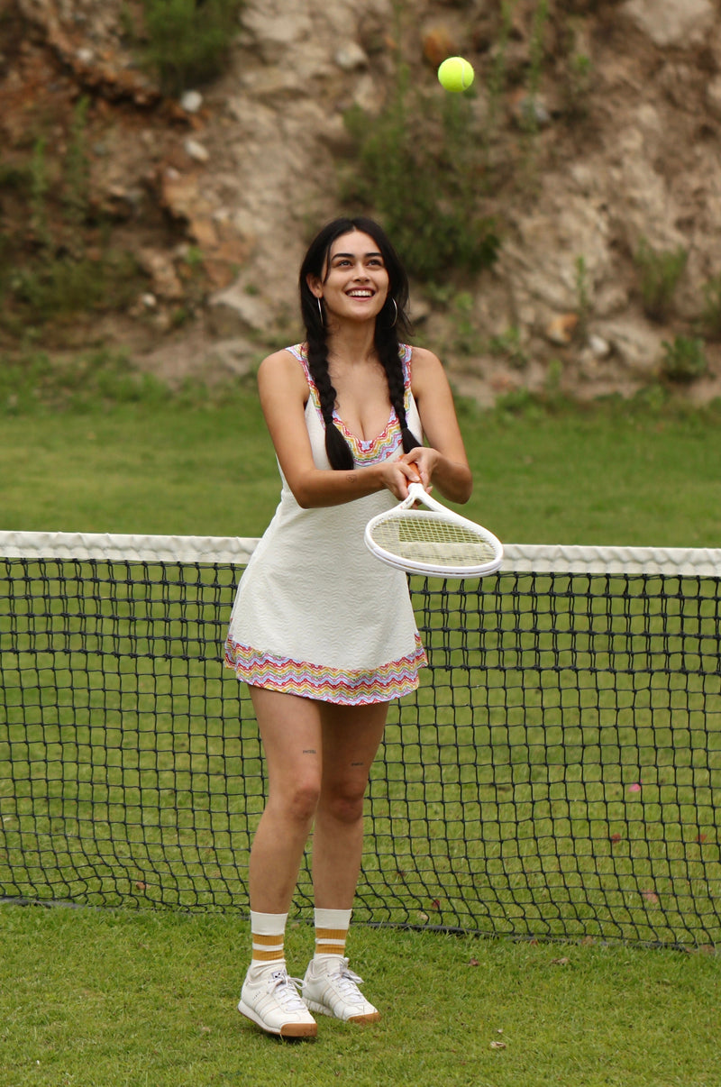 1972 Tennis Active Dress with Built-in Bra & Shorts in White