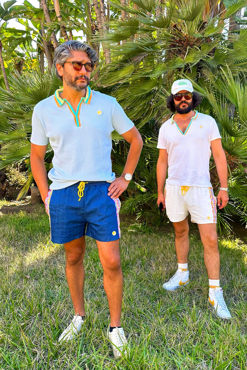 Cotton Knit Crochet Polo in White
