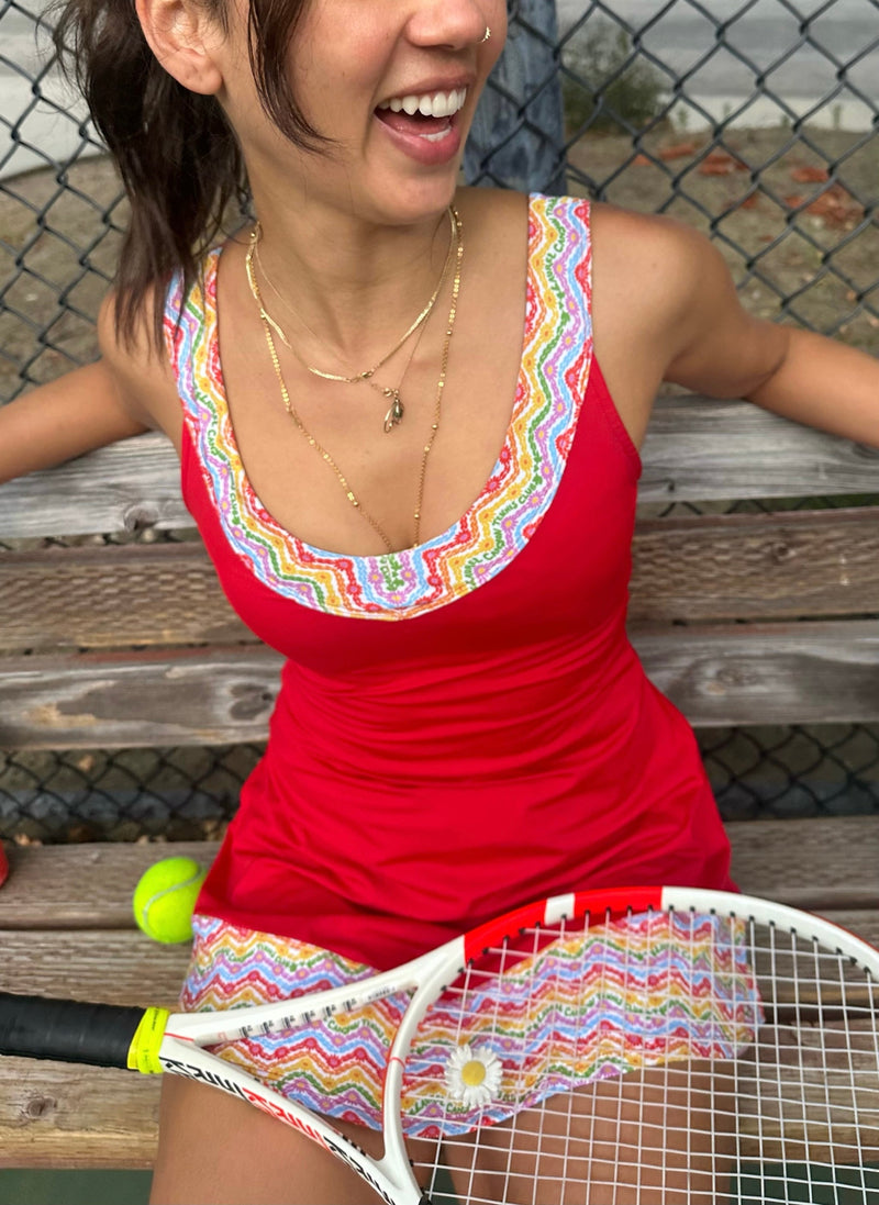 1972 Tennis Active Dress with Built-in Bra & Shorts in Red