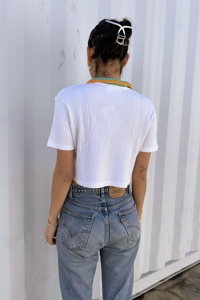Cotton Knit Crochet Polo - Boxy Crop Top
