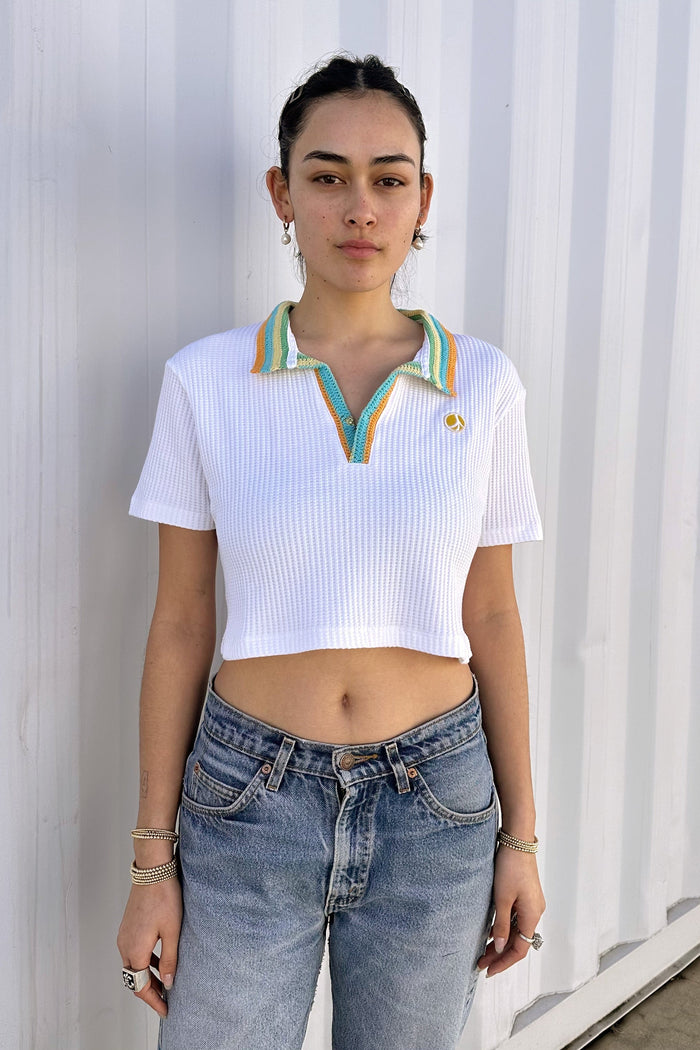 Cotton Knit Crochet Polo - Boxy Crop Top