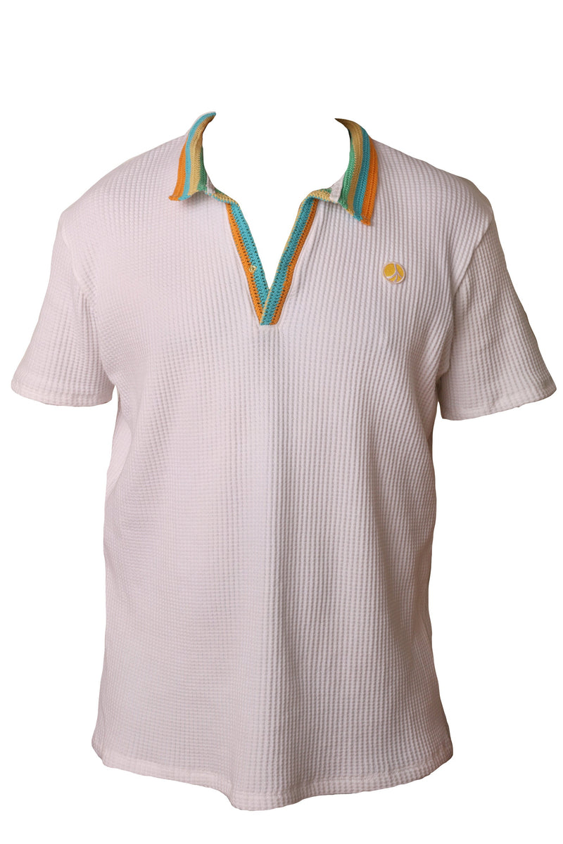 Cotton Knit Crochet Polo in White