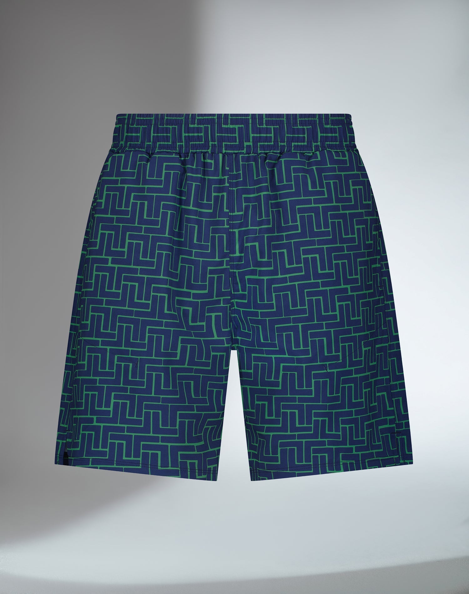 Front view of inphorm men's tennis short in ink tessel graphic pattern