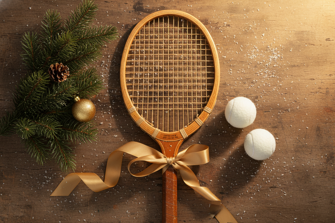 A beautifully arranged flat-lay featuring a vintage wooden tennis racket with natural gut strings, a pair of white tennis balls, and a gold ribbon tied around the handle. Snow-like white faux flakes are lightly scattered across the scene. A warm golden glow shines from the top corner, giving a luxurious Christmas ambiance. A sprig of evergreen and a small gold ornament add a festive touch.
Mood: Classic, warm, nostalgic — perfect for the Golden Age of Tennis brand.