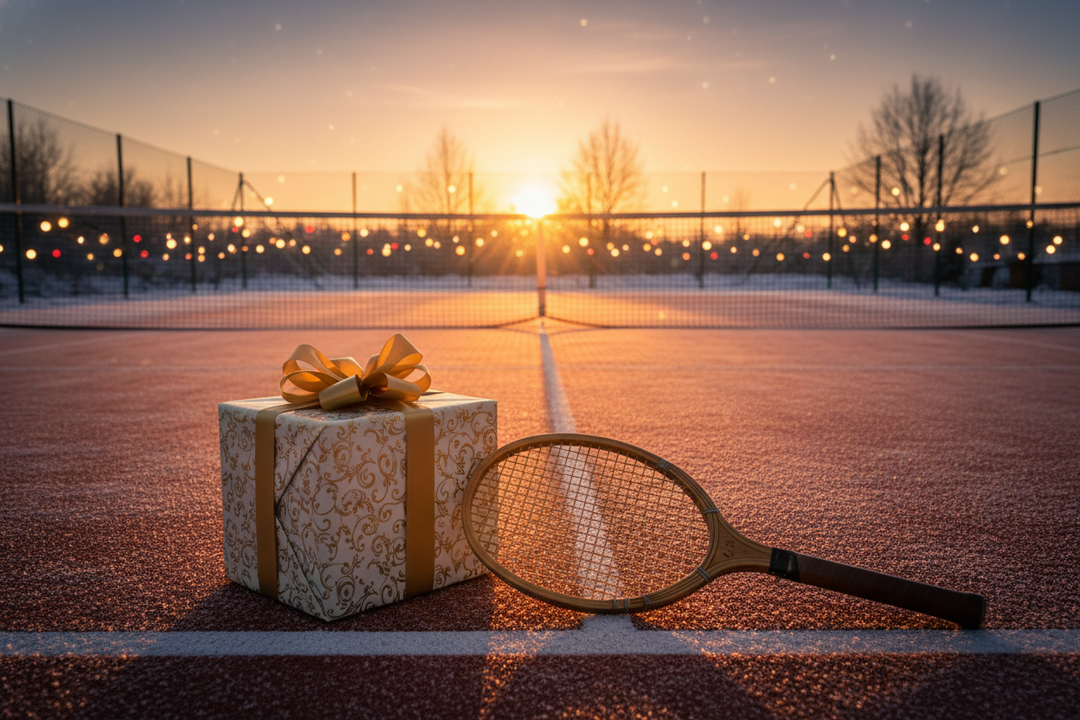 A tennis court at sunset with golden lighting. In the foreground sits a beautifully wrapped present in white and gold, placed beside a vintage tennis racket resting on the baseline. Soft bokeh Christmas lights line the fence. A light dusting of snow creates a magical contrast between sport and festivity.
Mood: Cinematic, elegant, magical.