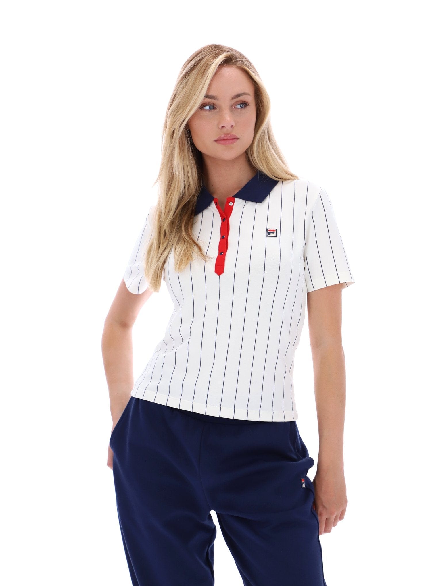 BAI Fitted BB1 Pinstripe Polo for Women in Gardenia/Fila Navy/Fila Red