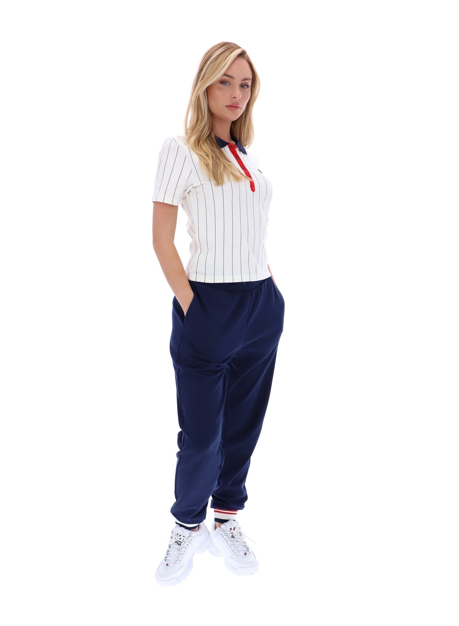 BAI Fitted BB1 Pinstripe Polo for Women in Gardenia/Fila Navy/Fila Red