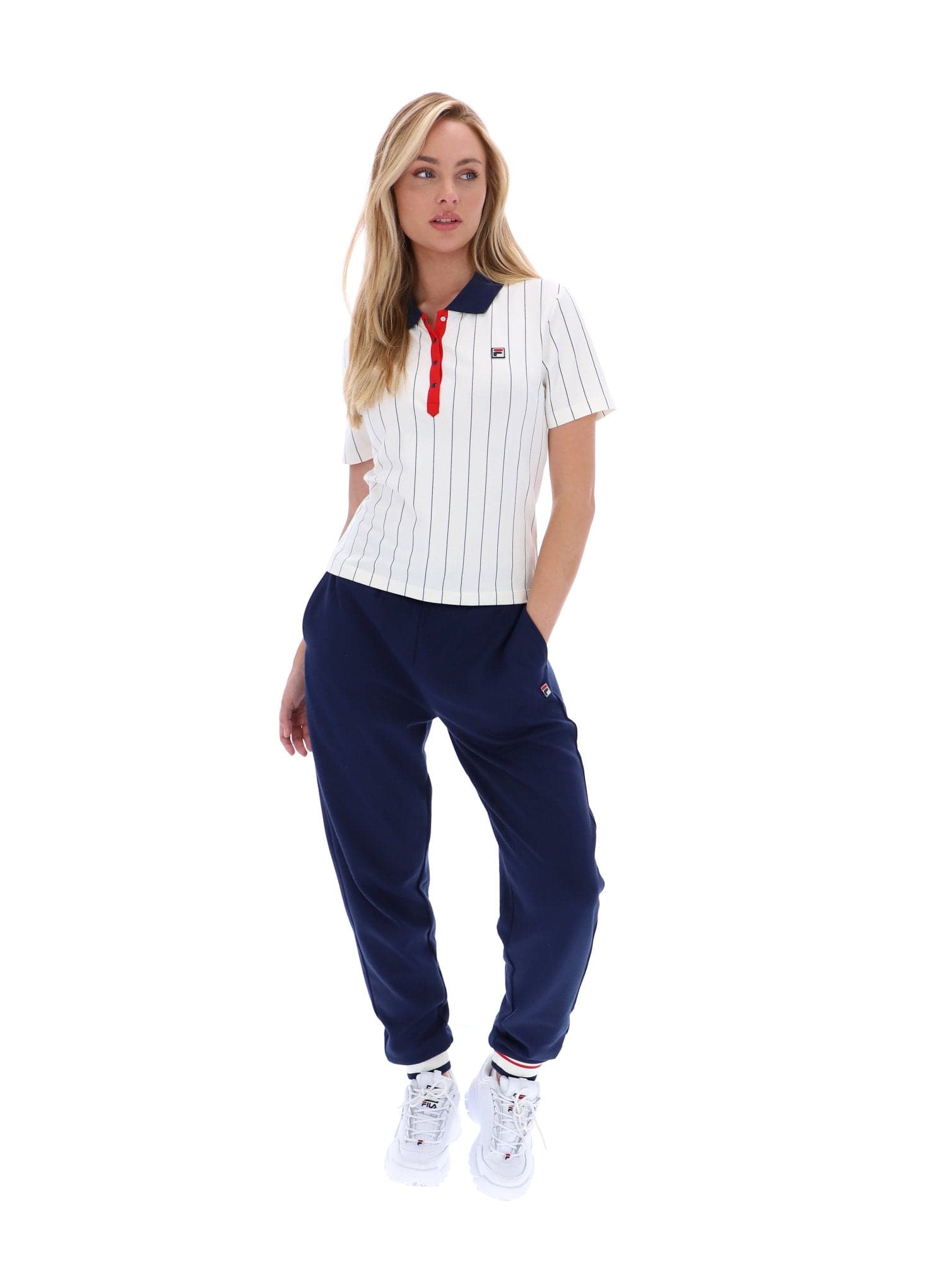 BAI Fitted BB1 Pinstripe Polo for Women in Gardenia/Fila Navy/Fila Red