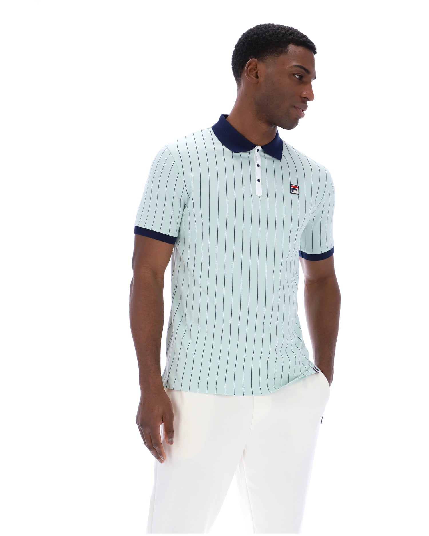 BB1 Classic Vintage Stripe Polo in Surf Spray/Fila Navy/White
