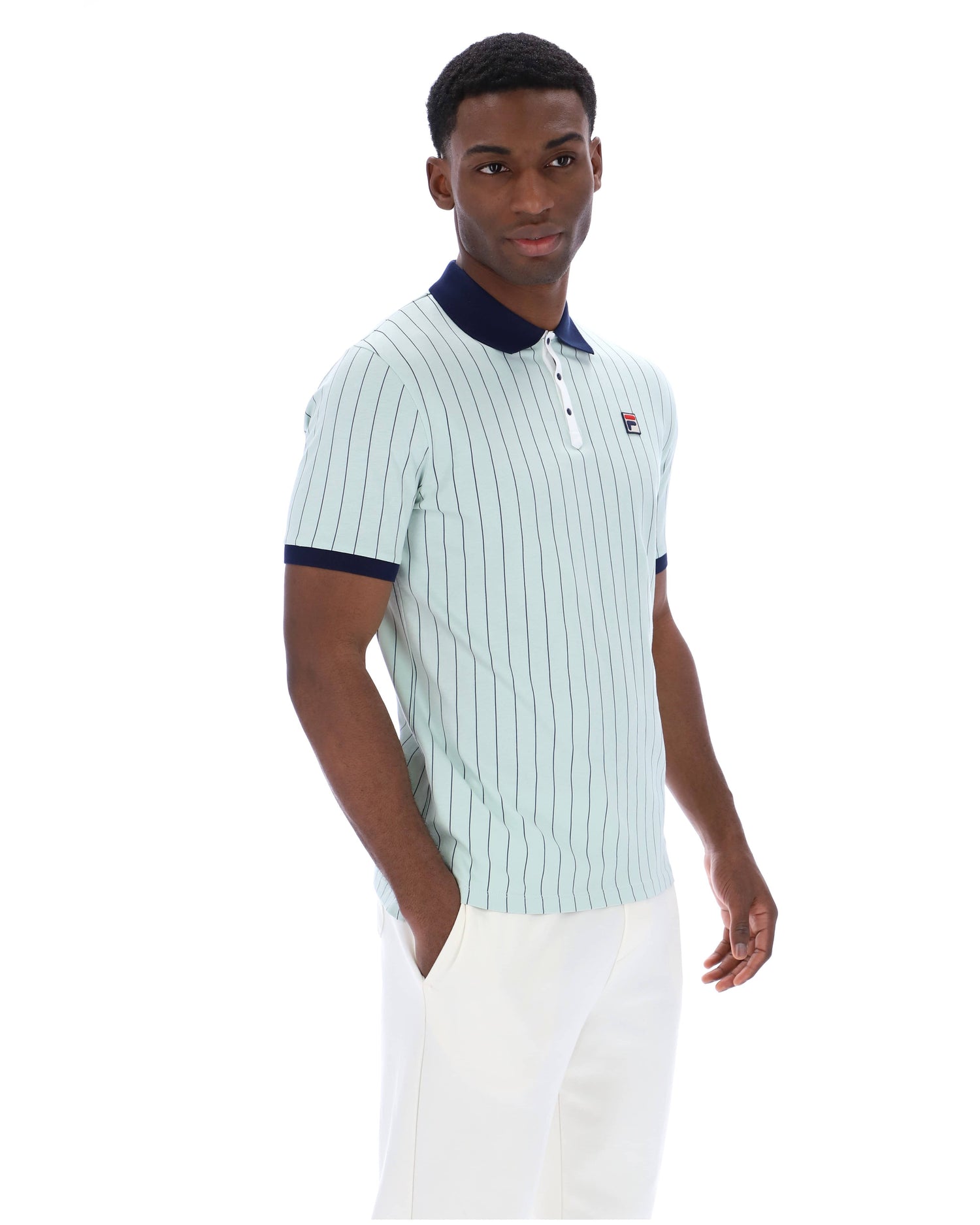 BB1 Classic Vintage Stripe Polo in Surf Spray/Fila Navy/White