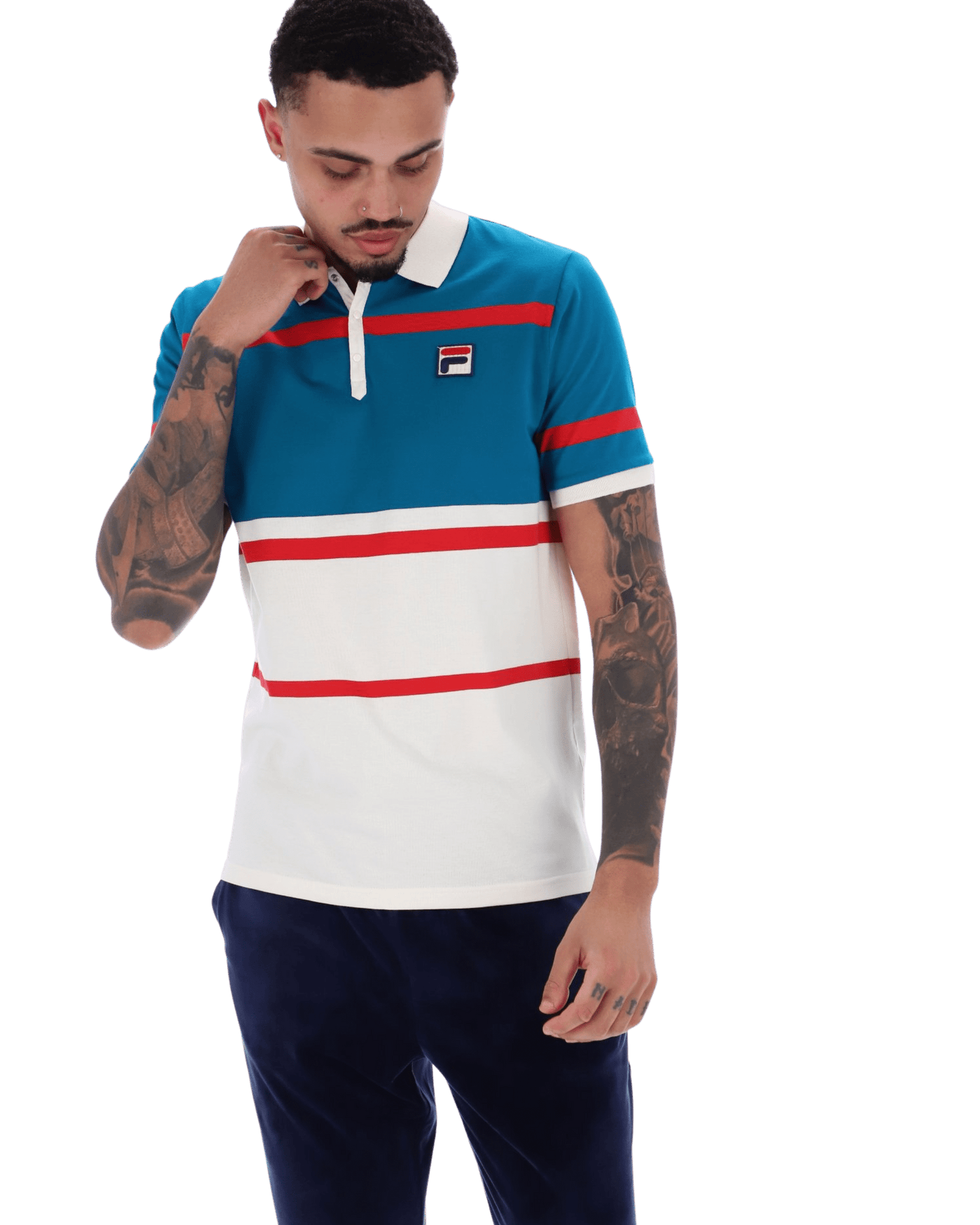 Clarkson Yarn Dye Stripe Polo In Gardenia/Deep Lagoon/Red