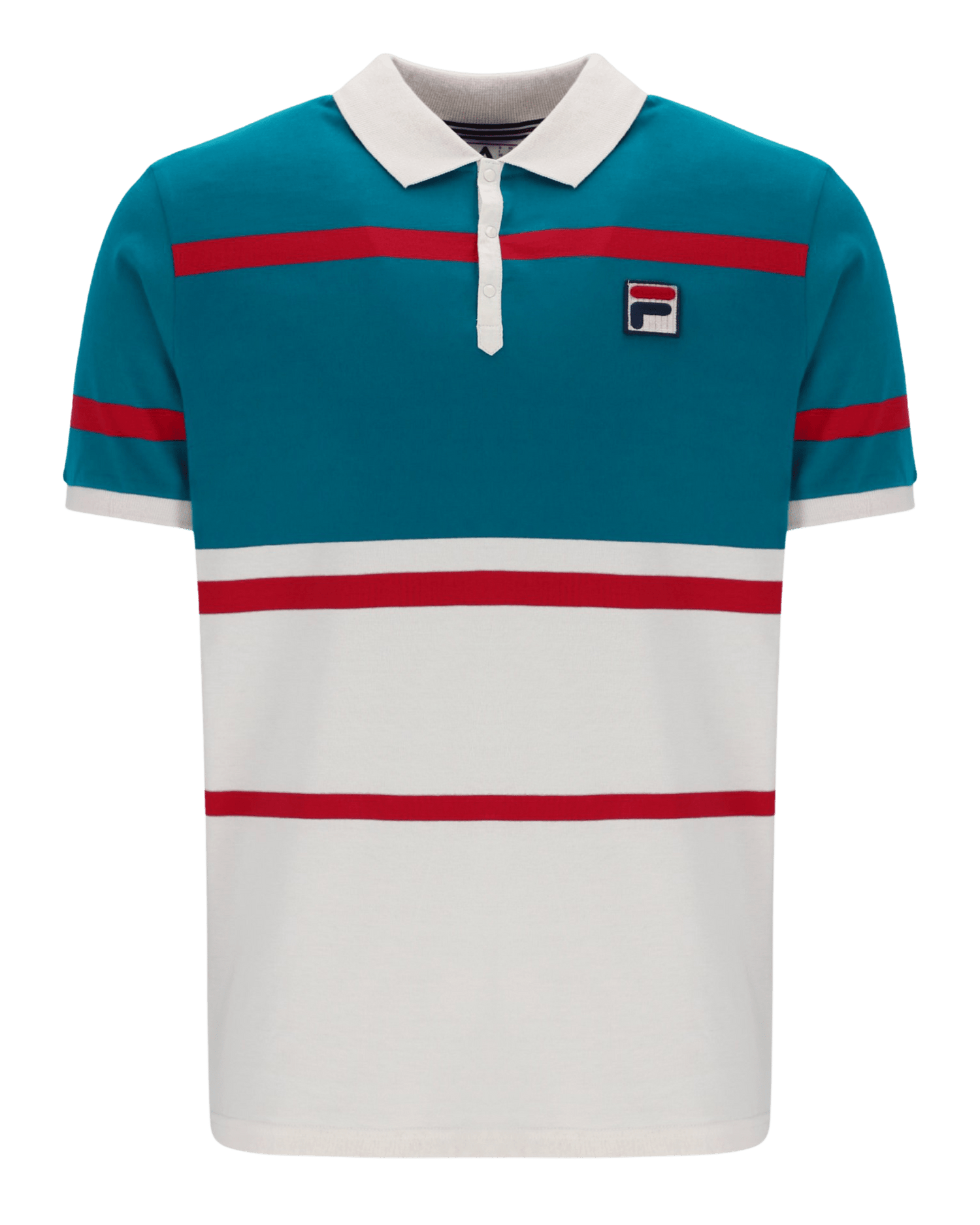 Clarkson Yarn Dye Stripe Polo In Gardenia/Deep Lagoon/Red