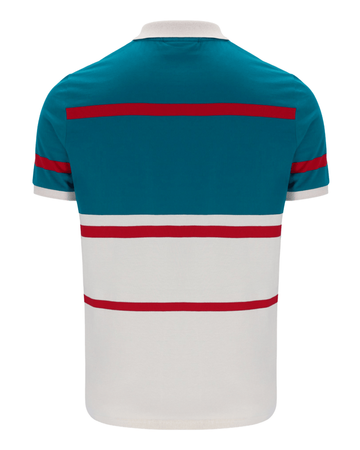 Clarkson Yarn Dye Stripe Polo In Gardenia/Deep Lagoon/Red