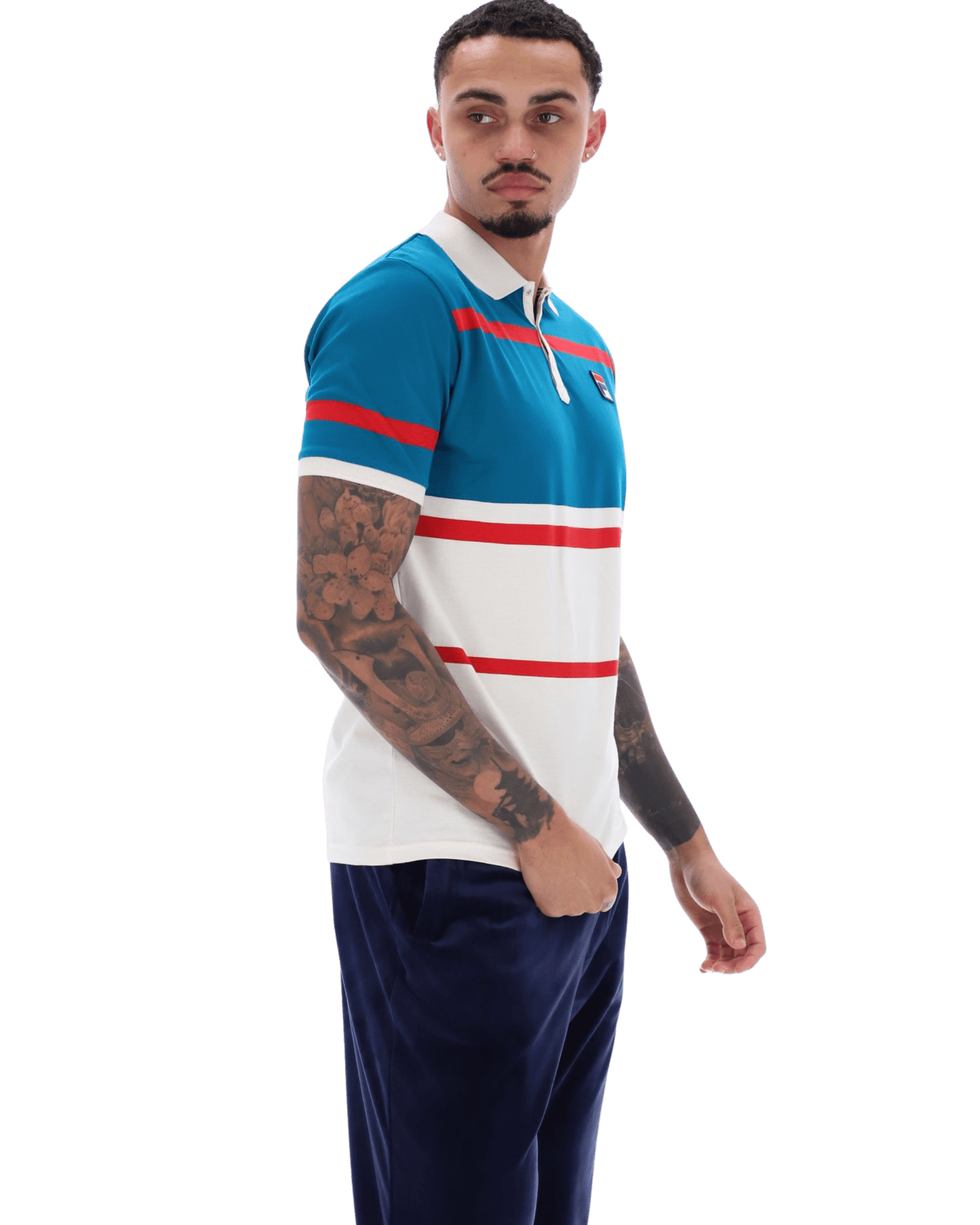 Clarkson Yarn Dye Stripe Polo In Gardenia/Deep Lagoon/Red