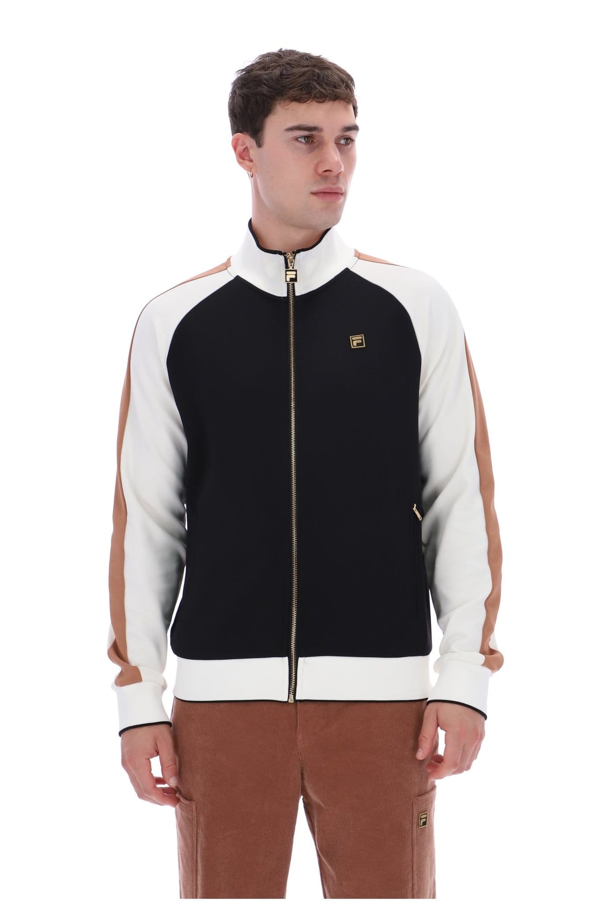Cory Colour Block Track Jacket w Bamboo Badge in Black/White Down/Raw Umber