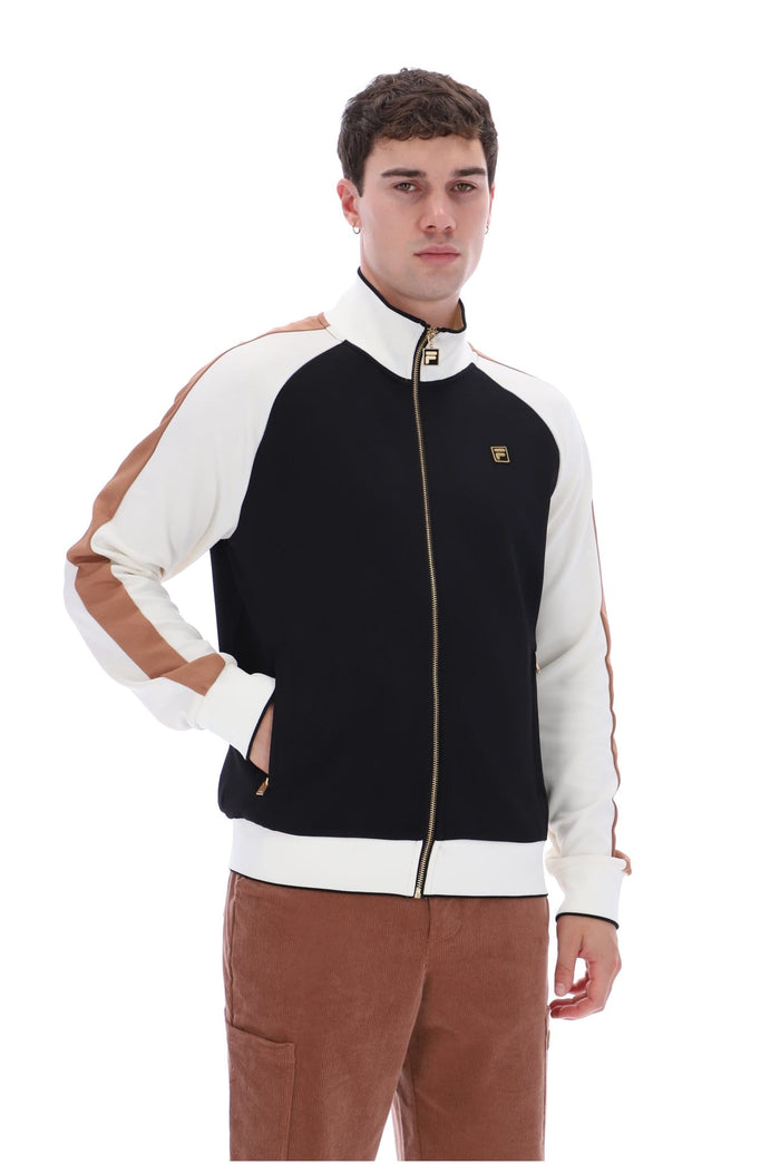 Cory Colour Block Track Jacket w Bamboo Badge in Black/White Down/Raw Umber