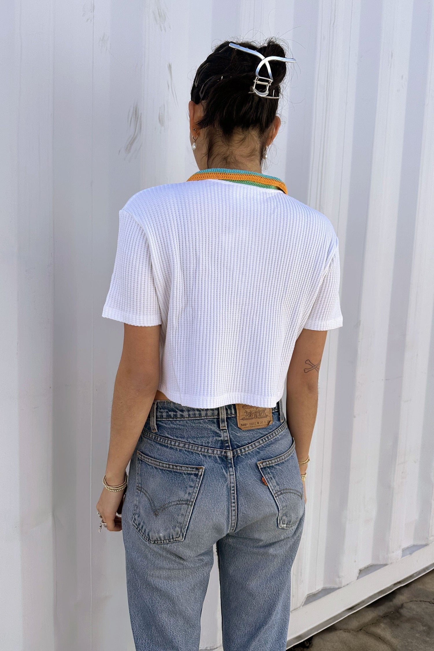 Cotton Knit Crochet Polo - Boxy Crop Top