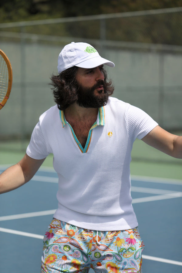 Cotton Knit Crochet Polo in White