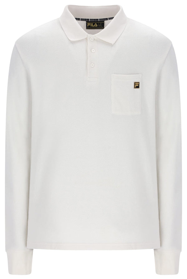 Dino Long Sleeve Polo Shirt Bamboo Badge in White Down