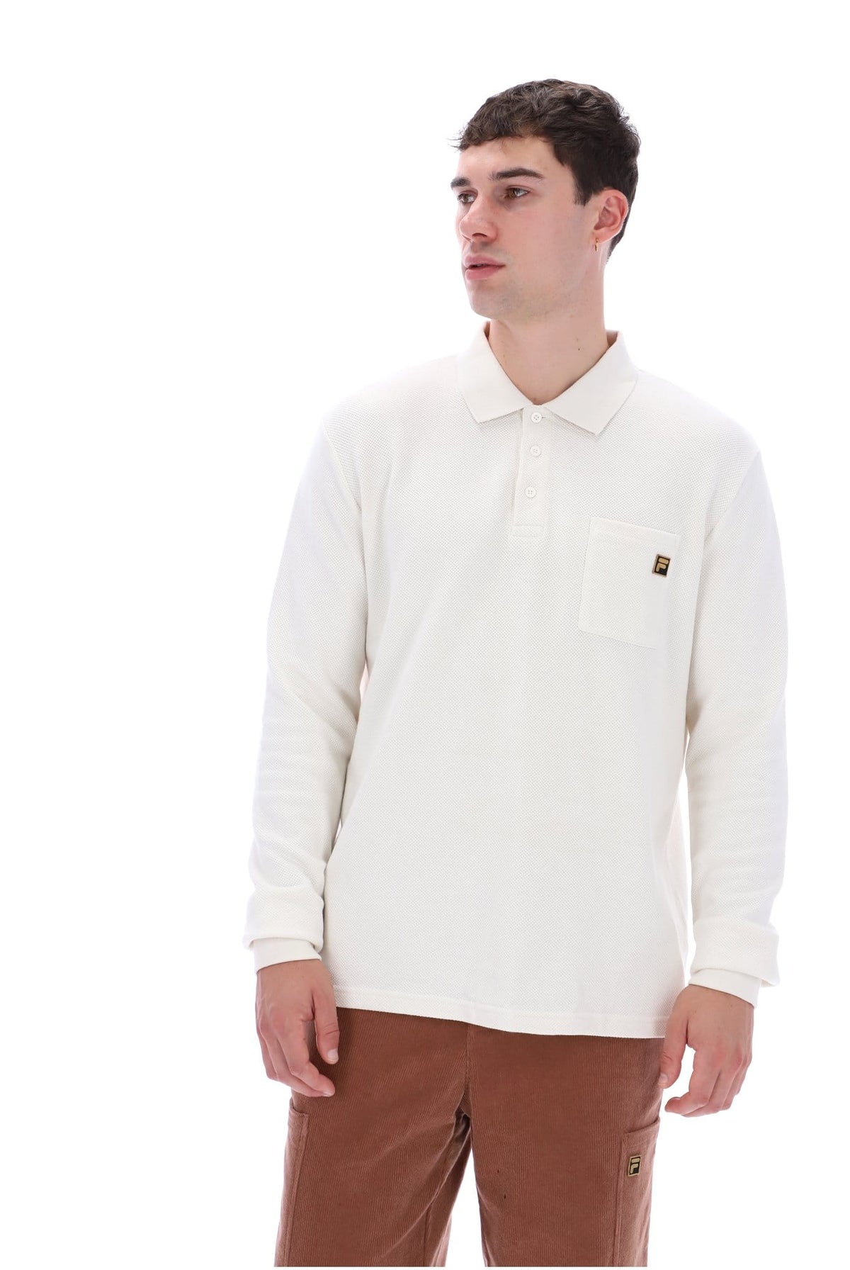 Dino Long Sleeve Polo Shirt Bamboo Badge in White Down