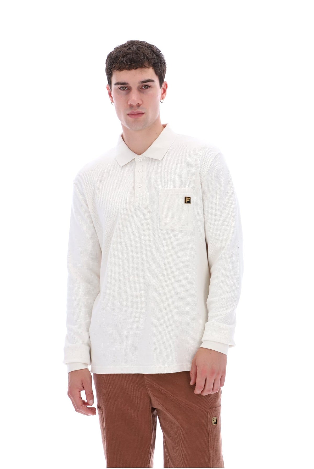 Dino Long Sleeve Polo Shirt Bamboo Badge in White Down