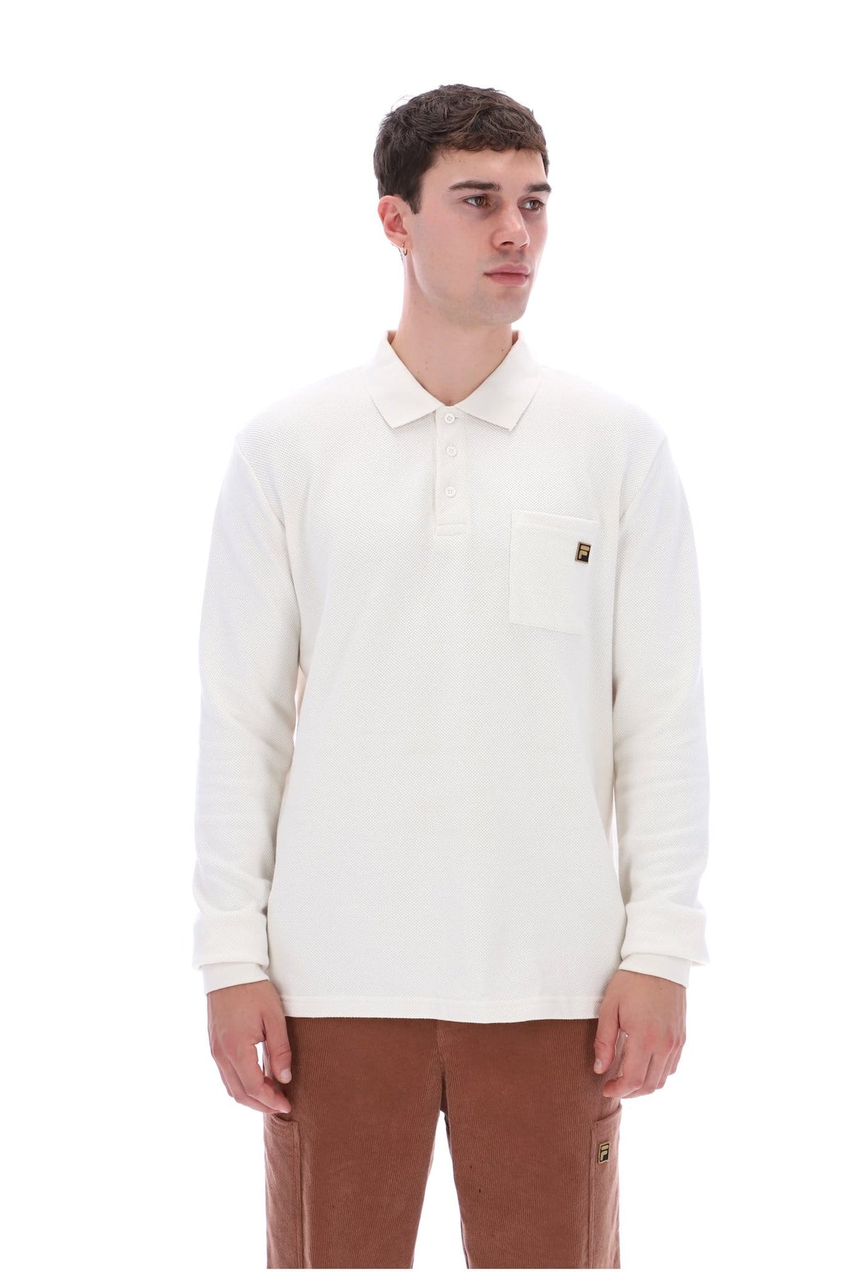 Dino Long Sleeve Polo Shirt Bamboo Badge in White Down