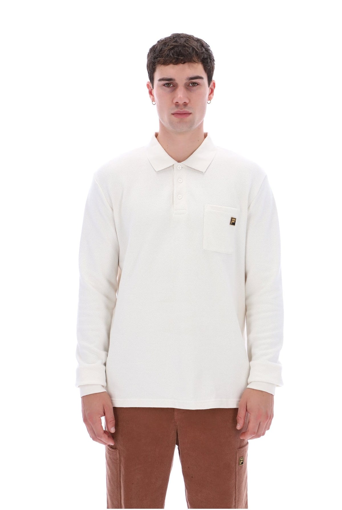 Dino Long Sleeve Polo Shirt Bamboo Badge in White Down