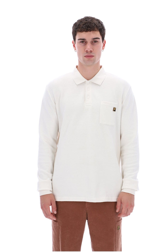 Dino Long Sleeve Polo Shirt Bamboo Badge in White Down