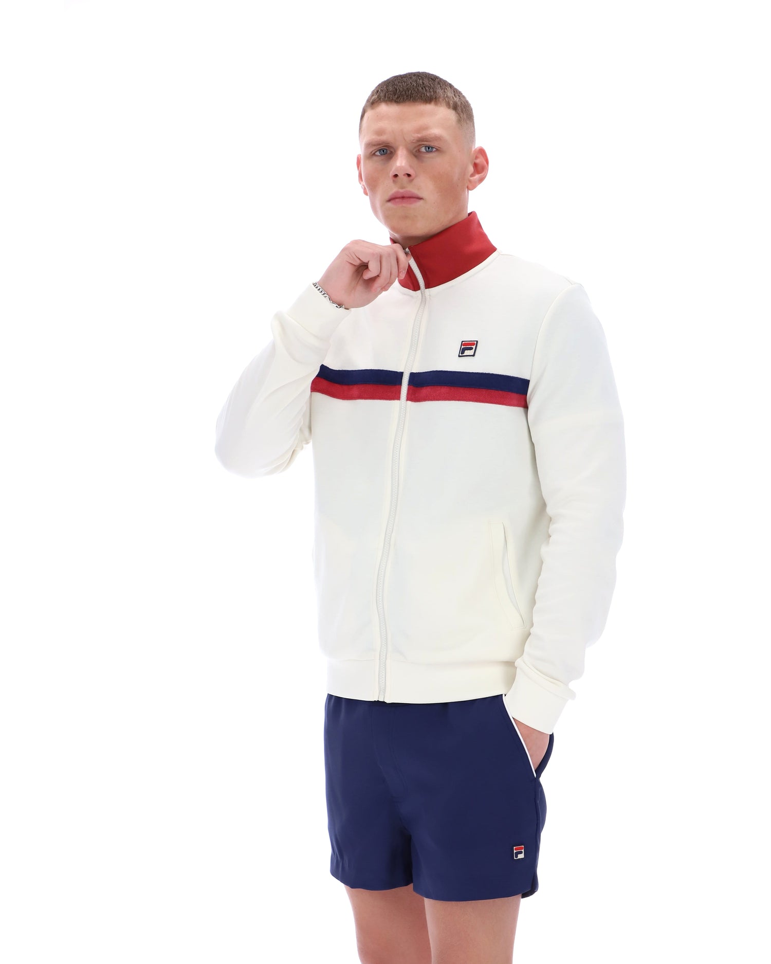 Enrico Track Jacket with Terry sripes in Gardenia/Garnet/White