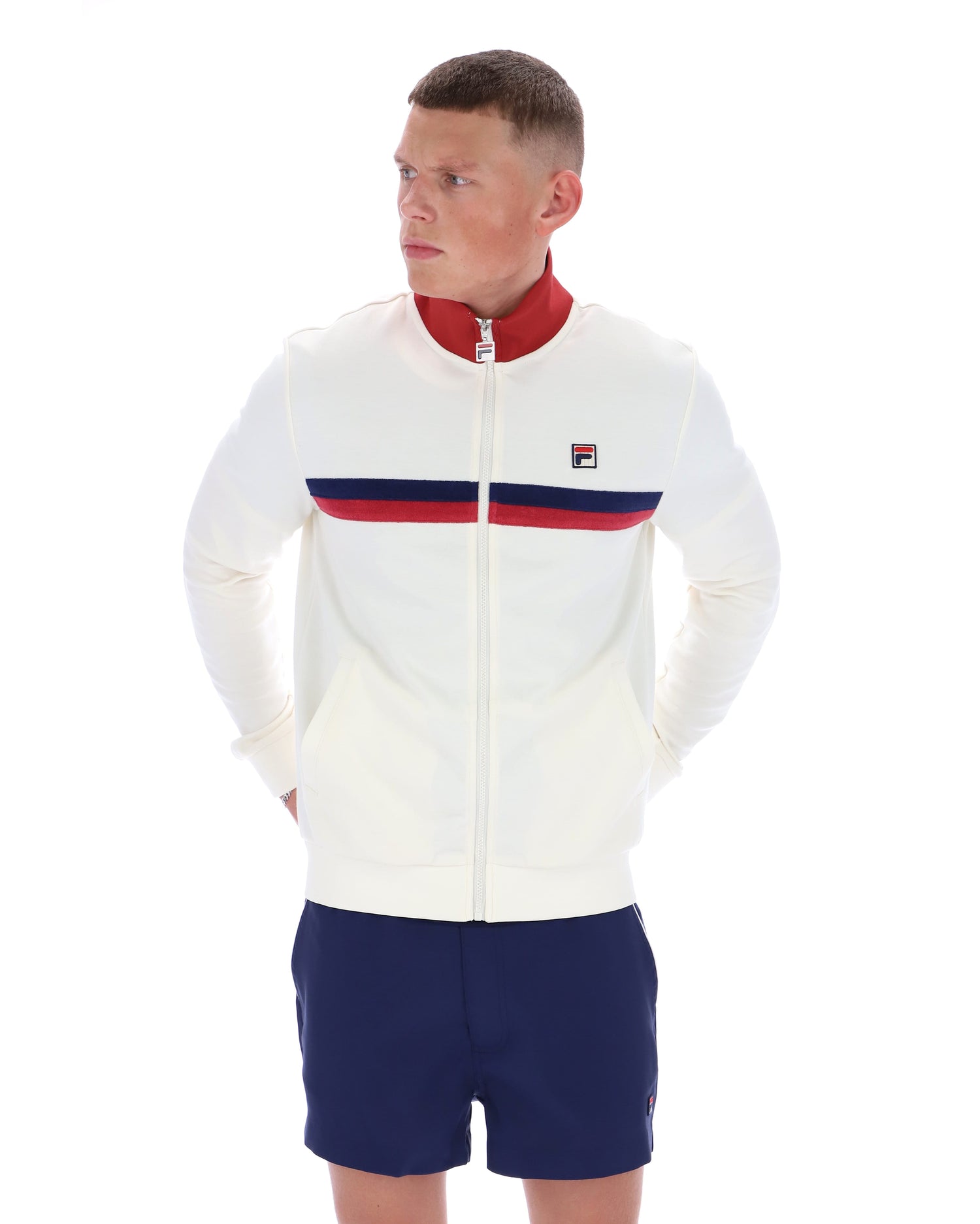 Enrico Track Jacket with Terry sripes in Gardenia/Garnet/White