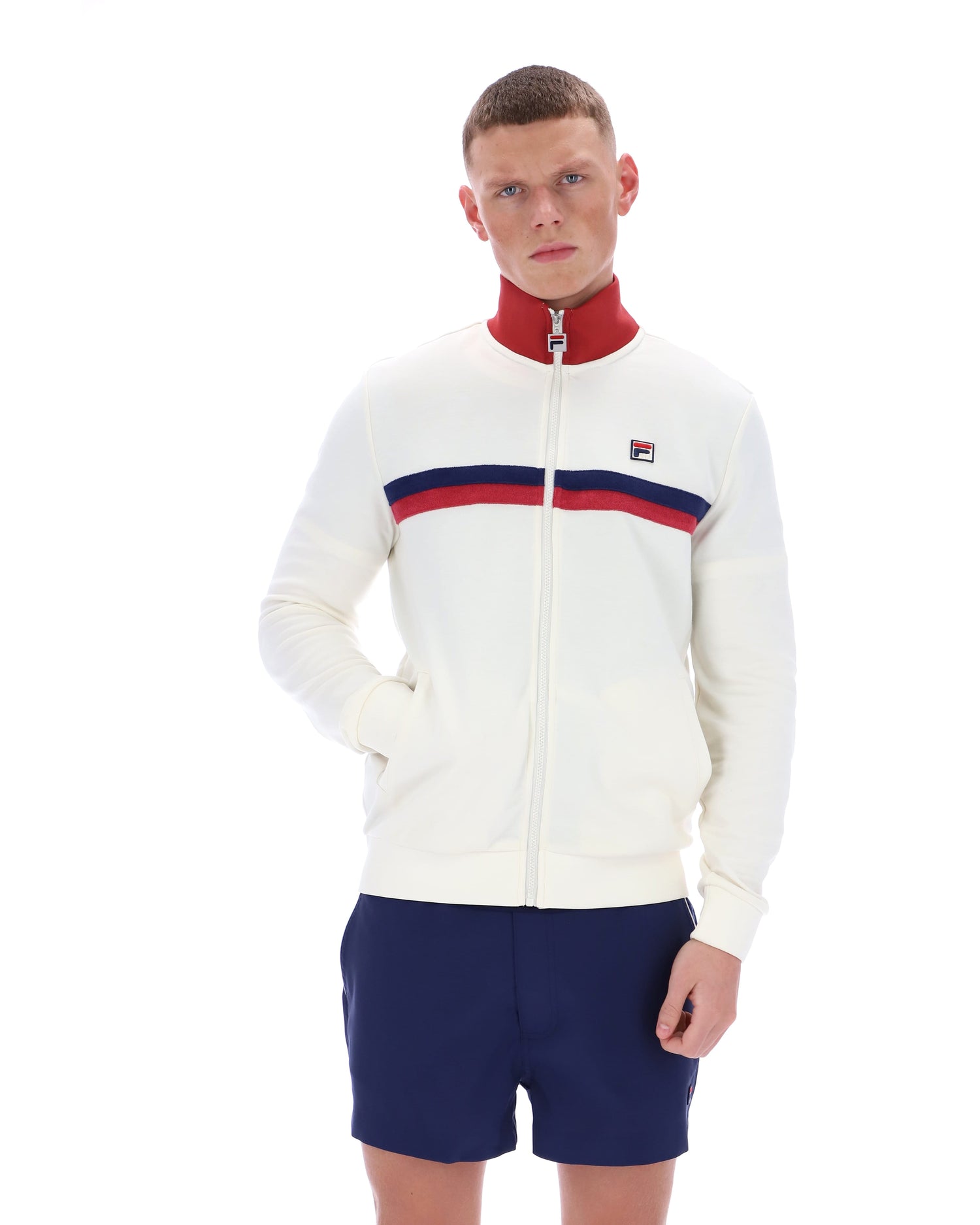 Enrico Track Jacket with Terry sripes in Gardenia/Garnet/White