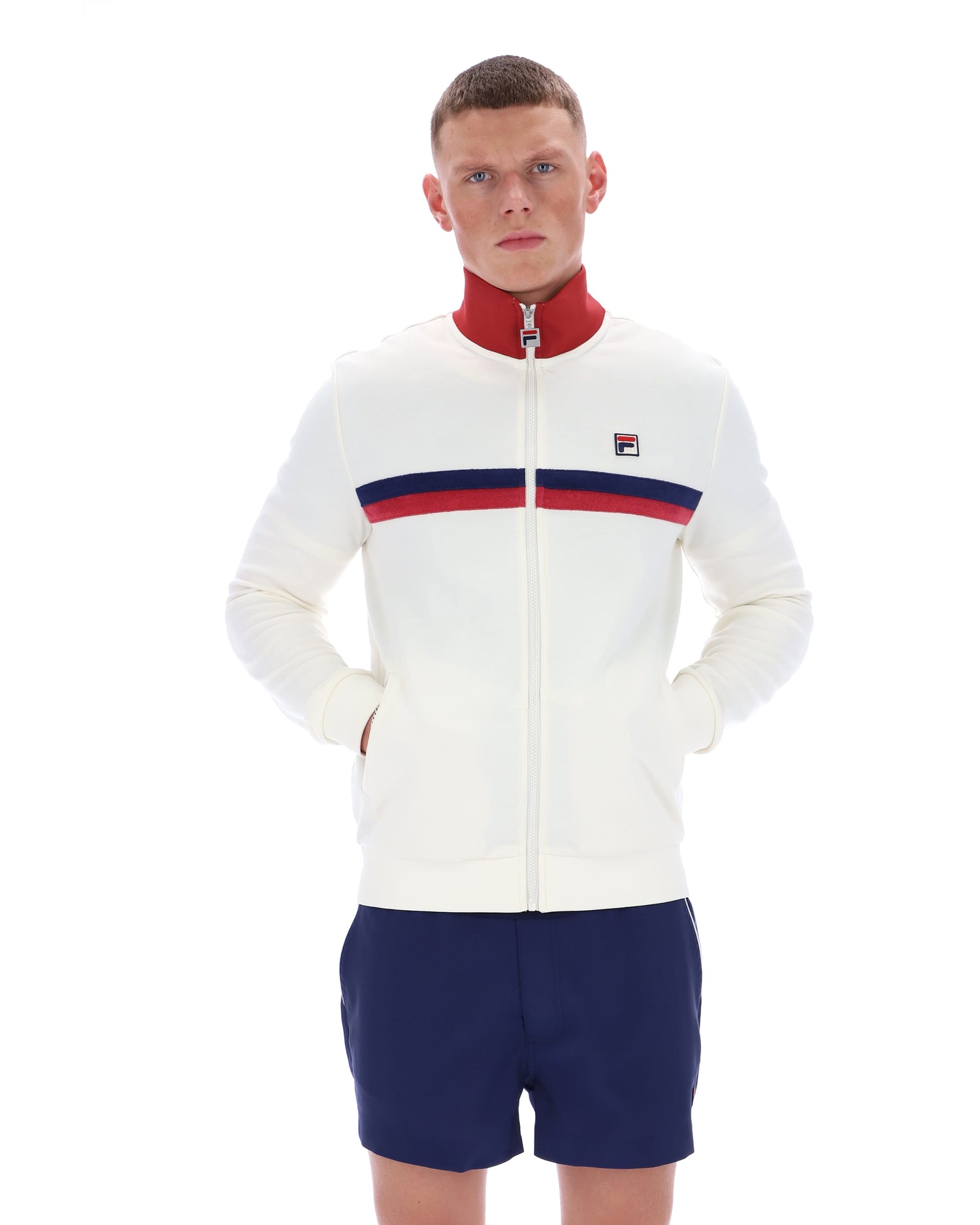 Enrico Track Jacket with Terry sripes in Gardenia/Garnet/White